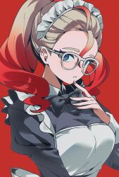  alternate_costume apron black_bow black_bowtie blonde_hair blue_eyes bow bowtie breasts commentary cowlick ebi_(shrimp_eleven) female glasses gradient_hair griselle_(pokemon) hair_pulled_back highres juliet_sleeves korean_commentary long_sleeves looking_back maid maid_apron medium_breasts multicolored_hair parted_lips pokemon pokemon_legends:_z-a puffy_sleeves red_background red_hair solo split_ponytail wavy_hair 