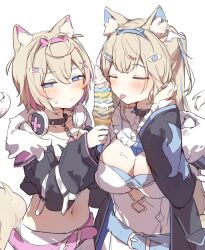 2girls animal_ear_fluff animal_ears blonde_hair blue_eyes blush breasts closed_mouth commentary_request crop_top cropped_jacket cropped_shirt dog_ears dog_tail food fuwawa_abyssgard fuwawa_abyssgard_(1st_costume) hair_ornament hairclip highres holding holding_ice_cream_cone hololive hololive_english ice_cream ice_cream_cone jacket large_breasts long_hair long_sleeves mococo_abyssgard mococo_abyssgard_(1st_costume) multicolored_hair multiple_girls navel open_clothes open_jacket orobou parallel_hairclips short_hair siblings sisters streaked_hair tail tongue tongue_out upper_body virtual_youtuber x_hair_ornament 