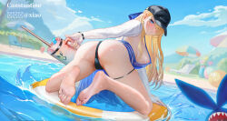  areola_slip ass baseball_cap beach_umbrella black_hat black_thong blonde_hair blue_eyes breasts brown_dust_(series) brown_dust_2 canstantinex commentary_request female from_behind hair_over_one_eye hair_ribbon hat highres large_breasts long_hair looking_at_viewer looking_back official_alternate_costume ribbon shrug_(clothing) solo umbrella very_long_hair water white_shrug wilhelmina_(brown_dust) wilhelmina_(water_park_queen)_(brown_dust) 