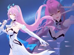  absurdres aemeath_(wuthering_waves) ahoge bare_shoulders breasts closed_mouth commentary elbow_gloves female gloves hair_intakes hair_ornament highres holding holding_microphone leotard long_hair luckyyeah medium_breasts microphone multiple_views one_eye_closed open_mouth orange_eyes pink_hair ponytail smile star-shaped_pupils star_(symbol) symbol-shaped_pupils tacet_mark_(wuthering_waves) v white_gloves white_leotard wuthering_waves 