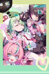  >_< 1boy 3girls :d :p absurdres angels_of_delusion animal_ear_hairband animal_ears aria_(zenless_zone_zero) arm_warmers bare_shoulders black_choker black_skirt blue_eyes bow brown_hair cat_ear_hairband cat_ears choker closed_eyes collared_shirt commentary_request drawing_on_another's_face dreaming drooling fake_animal_ears fingerless_gloves fingernails flying_sweatdrops gloves green_hair hair_ornament hairband hairbow hairclip halo highres holding holding_marker marker multicolored_hair multiple_girls nangong_yu necktie open_mouth pebble pink_gloves pink_hair purple_hair red_eyes red_necktie sagatin shirt single_thighhigh skirt sleeping smile sparkling_eyes star_(symbol) striped_arm_warmers sunna_(afternoon_tea_break)_(zenless_zone_zero) sunna_(zenless_zone_zero) thighhighs tic-tac-toe tongue tongue_out torn_clothes torn_thighhighs tripping two-tone_hair v white_shirt white_thighhighs wise_(zenless_zone_zero) zenless_zone_zero 