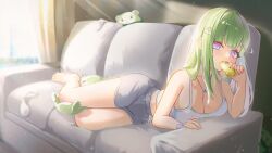  absurdres bare_shoulders barefoot breasts camisole chico_(yuzuha_riko) cleavage commentary_request couch dolphin_shorts eating female fingernails full_body green_hair grey_shorts highres huge_breasts hyin indoors jewelry legs long_hair looking_at_viewer lying nail_polish necklace on_couch purple_eyes purple_nails shorts socks stellive unworn_socks virtual_youtuber white_camisole white_socks yuzuha_riko 