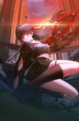  absurdres arm_cutout black_choker black_hair black_jacket black_serafuku black_shirt black_skirt black_socks breasts chisa_(wuthering_waves) choker closed_mouth clothing_cutout commentary evening female floating_hair hair_floating_upwards highres holding holding_sword holding_weapon jacket long_hair long_sleeves looking_at_viewer looking_to_the_side medium_breasts neckerchief red_eyes red_neckerchief sailor_collar school_uniform serafuku shirt skirt socks solo squatting sword tacet_mark_(wuthering_waves) turning_head weapon white_sailor_collar won_(won3355) wuthering_waves 