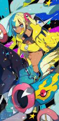  aqua_hair bandeau black_mask blonde_hair blue_eyes blue_skin blush breasts canari_(pokemon) cleavage colored_sclera colored_skin commentary_request criss-cross_straps dark-skinned_female dark_skin eel eelektross fangs female fish highres jacket kawasaki_(kwsk_8765) lamprey large_breasts long_sleeves looking_at_viewer mask mask_pull mega_eelektross mega_pokemon mega_stone midriff mouth_mask multicolored_hair multicolored_skin navel open_mouth pants pokemon pokemon_(creature) pokemon_legends:_z-a red_sclera short_twintails split-color_clothes split-color_hair sports_bra star_(symbol) twintails two-tone_hair two-tone_mask two-tone_pants two-tone_skin white_skin yellow_bandeau yellow_jacket yellow_mask yellow_sports_bra 