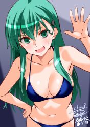  aqua_eyes aqua_hair bikini blush breasts character_name cleavage collarbone commentary_request dated engo_(aquawatery) female hair_between_eyes hair_ornament hairclip indoors kantai_collection large_breasts long_hair looking_at_viewer navel one-hour_drawing_challenge open_mouth purple_bikini red_eyes signature smile solo suzuya_(kancolle) swimsuit very_long_hair 