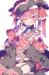  ;p absurdres bare_shoulders black_boots black_hat black_leotard black_thighhighs blush boots closed_mouth clothing_cutout coat commentary_request dot_nose female fingerless_gloves garter_straps glove_cutout gloves hat heart_cutout high_heel_boots high_heels highres hololive houshou_marine lace-trimmed_thighhighs lace_trim leotard long_sleeves looking_at_viewer one_eye_closed open_clothes open_coat pirate_hat red_eyes red_hair serizawa_serizane short_hair simple_background sitting smile solo thigh_boots thighhighs thighhighs_under_boots tongue tongue_out vertical-striped_sleeves wariza white_background white_gloves 