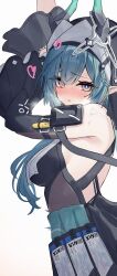  absurdres arknights arknights:_endfield arms_up black_veil blue_hair blush breasts bright_pupils commentary_request detached_sleeves diieru female from_side highres horns large_breasts long_hair looking_to_the_side parted_lips pointy_ears simple_background solo tail upper_body veil white_background white_pupils xaihi_(arknights) 