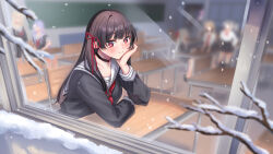  adapted_costume black_choker black_hair black_shirt chisa_(wuthering_waves) choker classroom closed_mouth commentary_request elevenmanga female from_outside hair_ribbon highres indoors long_hair long_sleeves people red_eyes red_ribbon ribbon sailor_collar shirt smile snow solo solo_focus white_sailor_collar wuthering_waves 
