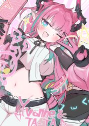  arknights arknights:_endfield black_gloves blue_eyes blush breasts cellphone commentary_request dragon_girl dragon_horns dragon_tail eriten_(user_hxkw8454) female flip_phone gloves hair_intakes highres horns large_breasts long_hair looking_at_viewer multicolored_hair oerba_yun_fang one_eye_closed pants phone pink_hair pointy_ears smile solo tail v white_pants yvonne_(arknights) 