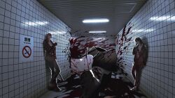  1other 2boys axe backlighting blood blood_on_ground blood_on_wall blood_splatter ceiling_light cigarette commentary_request facial_mark forehead_mark formal_clothes giant gloves hallway highres holding holding_axe holding_cigarette holding_knife jacket knife korean_commentary lapels multiple_boys murder mzet no_smoking orange_hair original pants shoes smoke smoking subway_station tile_wall tiles 