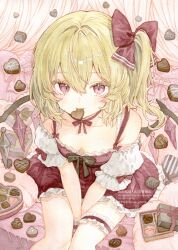  alternate_costume blonde_hair bow breasts candy chocolate closed_mouth commentary_request crystal crystal_wings dress female flandre_scarlet food food_in_mouth frilled_dress frilled_thigh_strap frills hairbow heart heart-shaped_chocolate heart-shaped_food highres kisarush looking_at_viewer mouth_hold one_side_up painting_(medium) red_bow red_dress red_eyes sitting small_breasts solo thigh_strap touhou traditional_media watercolor_(medium) watermark wings 