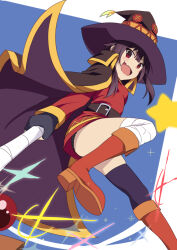  bandaged_leg bandages black_hair black_panties boots breasts cape commentary female gesugesu_ahoaho hat holding holding_staff kono_subarashii_sekai_ni_shukufuku_wo! looking_at_viewer megumin panties panty_peek red_eyes small_breasts smile solo staff underwear witch_hat 