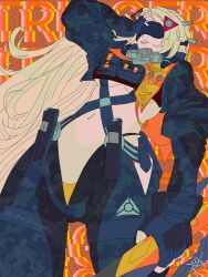  black_gloves black_pants blindfold_mask blonde_hair breasts camouflage cheshuya commentary_request covered_eyes female fingerless_gloves gloves hair_ornament highres holding jacket large_breasts long_hair mask midriff multiple_girls navel open_mouth original pants ponytail solo trigger_(zenless_zone_zero) zenless_zone_zero 