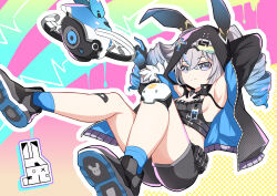  absurdres animal_ears armpits black_gloves black_jacket black_shoes black_shorts blue_socks breasts bronya_zaychik bronya_zaychik_(haxxor_bunny) closed_mouth commentary_request drill_hair drone fake_animal_ears female gloves grey_eyes grey_hair highres honkai_(series) honkai_impact_3rd jacket long_hair long_sleeves midriff rabbit_ears shoe_soles shoes shorts small_breasts socks solo twin_drills xianyu_fanshen_qian 