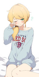  blonde_hair blush boston_red_sox chahanramen closed_mouth clothes_writing commentary_request ellen_baker female green_eyes grey_shirt hand_up highres long_hair long_sleeves low-tied_long_hair new_horizon one_eye_closed oversized_clothes oversized_shirt puffy_long_sleeves puffy_sleeves revision rubbing_eyes shirt simple_background solo squeans thighs waking_up white_background 