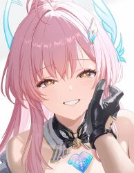  1boy adoptive_parent_and_adoptive_child aemeath_(wuthering_waves) ahoge bare_shoulders black_gloves commentary_request crying crying_with_eyes_open ddcc0123 father_and_daughter female gloves hair_ornament hand_on_another's_face highres long_hair looking_at_viewer male_rover_(wuthering_waves) pink_hair ponytail portrait pov pov_hands rover_(wuthering_waves) simple_background smile solo_focus star-shaped_pupils star_(symbol) symbol-shaped_pupils tacet_mark_(wuthering_waves) tears white_background wuthering_waves yellow_eyes 