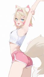  :d absurdres animal_ear_fluff animal_ears anska arm_up ass blonde_hair blue_eyes blush breasts cowboy_shot crop_top dog_ears dog_girl dog_tail dolphin_shorts female hair_ornament hairband hand_on_own_arm highres hololive hololive_english midriff mococo_abyssgard multicolored_hair oerba_yun_fang pink_hair pink_hairband pink_shorts short_hair short_shorts shorts simple_background small_breasts smile solo streaked_hair sweat tail tank_top thighs two-tone_hair virtual_youtuber white_background white_tank_top white_trim x_hair_ornament 