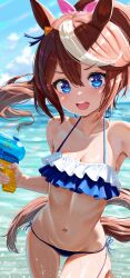  absurdres animal_ears bikini blue_bikini blue_eyes blurry blurry_background bow breasts cleavage commentary day double-parted_bangs english_commentary female floating_hair frilled_bikini frills hair_between_eyes hairbow halterneck high_ponytail highres holding holding_water_gun horse_ears horse_girl horse_tail looking_at_viewer maverick_(mvk022) navel ocean open_mouth outdoors pink_bow ponytail side-tie_bikini_bottom small_breasts solo stomach swimsuit tail teeth tokai_teio_(umamusume) umamusume upper_teeth_only water_gun wet white_streaks 