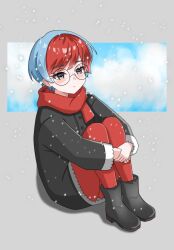  absurdres alternate_costume blush boots cats_in_abox closed_mouth coat commentary eyelashes female full_body glasses grey_boots grey_coat grey_eyes highres hugging_own_legs leggings legs_together long_sleeves multicolored_hair own_hands_together penny_(pokemon) pokemon pokemon_sv red_leggings red_scarf round_eyewear scarf short_hair sitting snowing solo two-tone_hair winter_clothes 