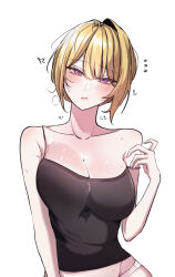  bare_shoulders black_shirt black_tank_top blonde_hair blush breasts cleavage closed_mouth collarbone commentary_request evelyn_chevalier female flying_sweatdrops hand_up head_tilt highres large_breasts mole mole_under_eye purple_eyes shirt simple_background solo strap_slip sweat tank_top upper_body user_ctec3782 white_background zenless_zone_zero 