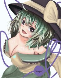  :d black_eyes black_hat blush bow breasts bright_pupils cleavage commentary_request female green_hair green_skirt hat hat_bow heart heart_of_string highres komeiji_koishi looking_at_viewer mannzyu_25 messy_hair oerba_yun_fang open_mouth shirt short_hair simple_background skin_fang skirt smile solo third_eye touhou white_background white_pupils yellow_bow yellow_shirt 