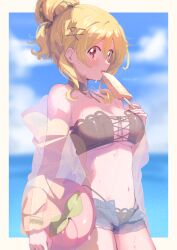  absurdres bikini black_bikini blonde_hair blue_shorts blurry blurry_background blush border breasts cleavage collarbone commentary_request cowboy_shot day denim denim_shorts double-parted_bangs female food hair_between_eyes hair_ornament hairclip highres holding holding_food holding_popsicle jacket large_breasts looking_at_viewer magia_record:_mahou_shoujo_madoka_magica_gaiden mahou_shoujo_madoka_magica navel off_shoulder open_clothes open_jacket open_mouth outdoors outside_border popsicle red_eyes see-through_clothes see-through_jacket serizawa_serizane short_hair short_shorts shorts solo sweat swimsuit togame_momoko tongue tongue_out white_border x_hair_ornament 