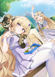  2girls absurdres alternate_costume bento blonde_hair blue_sky blush breasts cartethyia_(wuthering_waves) closed_eyes closed_mouth commentary_request crown_of_thorns day feline hair_ornament hairband highres holding holding_bento long_hair medium_breasts mizo multiple_girls open_mouth pantyhose parted_bangs phoebe_(wuthering_waves) pointy_ears purple_serafuku purple_shirt purple_skirt sailor_collar school_uniform serafuku shirt sidelocks sitting skirt sky smile tacet_mark_(wuthering_waves) very_long_hair waving white_hairband white_pantyhose white_sailor_collar wuthering_waves x_hair_ornament 
