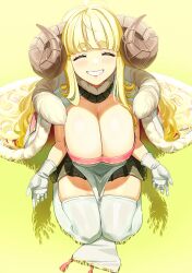  absurdres anila_(granblue_fantasy) blonde_hair blunt_bangs breasts cape cleavage closed_eyes commentary_request curled_horns curly_hair draph gloves granblue_fantasy grass highres horns kneeling large_breasts pleated_skirt red_trim ryoyu_(ryoyustarlight) shirt skirt smile thick_thighs thighhighs thighs white_gloves white_shirt white_thighhighs yellow_trim 