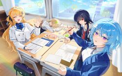  4girls absurdres aete alternate_costume black_choker black_hair black_jacket blonde_hair blue_hair blue_jacket breasts chisa_(wuthering_waves) choker classroom colored_eyelashes commentary desk english_commentary hair_between_eyes hair_ornament hairband highres holding holding_pencil indoors jacket long_hair looking_at_viewer lynae_(wuthering_waves) medium_breasts multiple_girls parted_lips pencil phoebe_(wuthering_waves) purple_eyes red_eyes sailor_collar school_desk shirt shorekeeper_(wuthering_waves) skirt sleeping studying waving white_hairband white_jacket white_sailor_collar white_shirt white_skirt wuthering_waves x_hair_ornament 