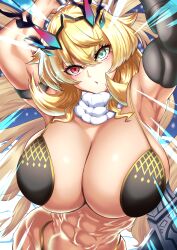  abs absurdres armpits arms_up axe bare_shoulders barghest_(fate) barghest_(ice_warrior)_(fate) battle_axe biceps bikini black_bikini blonde_hair blush breasts cleavage commentary_request fate/grand_order fate_(series) female gauntlets gold_trim green_eyes hair_ornament hair_scrunchie heterochromia high_ponytail highleg highleg_bikini highres horns huge_breasts kiteno_kiten long_hair looking_at_viewer muscular muscular_female navel open_mouth ponytail red_eyes scarf scrunchie sidelocks single_gauntlet solo swimsuit weapon white_scarf 