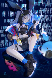  absurdres black_jacket black_shoes black_shorts blue_socks bronya_zaychik bronya_zaychik_(haxxor_bunny) bullpup commentary_request drill_hair drone female full_body grey_eyes grey_hair gun highres holding holding_gun holding_weapon honkai_(series) honkai_impact_3rd jacket knee_pads p90 shoes shorts single_knee_pad socks solo submachine_gun twin_drills weapon yichuanxue 