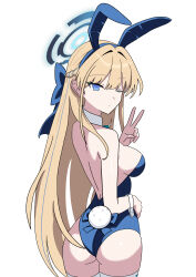  absurdres animal_ear_hairband animal_ears ass blonde_hair blue_archive blue_eyes blue_leotard closed_mouth detached_collar fake_animal_ears fake_tail female from_behind hairband halo highres leotard looking_at_viewer looking_back midang one_eye_closed playboy_bunny rabbit_ear_hairband rabbit_ears rabbit_tail simple_background solo tail thighhighs toki_(blue_archive) toki_(bunny)_(blue_archive) v white_background white_thighhighs 