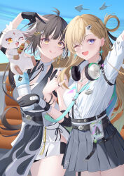  2girls :q ;d \||/ abby_(wuthering_waves) absurdres aqua_necktie arm_up black_dress black_hair black_nails black_skirt blonde_hair blue_sky braid braided_bangs breasts brysinggamen cleavage closed_mouth commentary day dress earrings english_commentary female_rover_(wuthering_waves) fingernails hair_ornament hair_ribbon headphones headphones_around_neck highres holding id_card jewelry long_fingernails long_hair lynae_(wuthering_waves) medium_breasts multiple_girls nail_polish necktie one_eye_closed open_mouth purple_eyes ribbon rover_(wuthering_waves) shirt shirt_tucked_in skirt skull_hair_ornament sky sleeveless sleeveless_dress smile star_(symbol) star_earrings thighs tongue tongue_out v white_shirt wuthering_waves yellow_eyes yellow_ribbon 