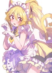  animal_ear_fluff animal_ears apron back_bow blonde_hair blush bow breasts cat_ears cat_girl cat_tail commentary_request cowboy_shot dot_nose double-parted_bangs dress enmaided female frilled_apron frilled_dress frills hair_between_eyes highres large_breasts long_hair looking_at_viewer magia_record:_mahou_shoujo_madoka_magica_gaiden mahou_shoujo_madoka_magica maid maid_headdress open_mouth ponytail red_eyes serizawa_serizane simple_background sleeveless sleeveless_dress solo sweatdrop tail togame_momoko twitter_username white_apron white_background white_dress 
