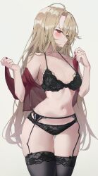  absurdres ahoge bare_shoulders bikini black_bra black_panties black_thighhighs blonde_hair blush bra breasts cowboy_shot cropped_shirt don_quixote_(project_moon) female floral_print floral_print_bikini garter_belt hashtag-only_commentary highres k.j. la_manchaland_(identity)_(project_moon) limbus_company long_hair looking_at_viewer medium_breasts navel panties print_bikini project_moon red_eyes red_shirt sancho_(project_moon) shirt simple_background solo swimsuit thighhighs underwear undressing 