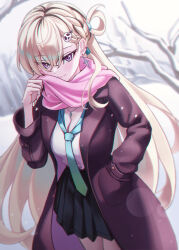  absurdres aqua_necktie black_skirt blonde_hair braid braided_bangs breasts chromatic_aberration cleavage closed_mouth coat commentary cowboy_shot earrings female hair_between_eyes hair_ornament hand_in_pocket highres jewelry long_hair looking_at_viewer lynae_(wuthering_waves) medium_breasts necklace necktie outdoors pink_scarf purple_coat purple_eyes scarf sglike365 shirt shirt_tucked_in skirt skull_hair_ornament smile solo star_(symbol) star_earrings very_long_hair white_shirt winter wuthering_waves 