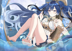  absurdres ahoge ancient_greek_clothes armlet barefoot blue_eyes blue_hair blush breasts cleavage commentary feet female full_moon gold_bra gradient_hair greco-roman_clothes highres iuno_(wuthering_waves) jewelry knees_up laurel_crown li_yue_(user_wwpa8325) long_hair medium_breasts moon multicolored_hair parted_lips solo streaked_hair tacet_mark_(wuthering_waves) thighlet thighs toes twintails vambraces wuthering_waves 
