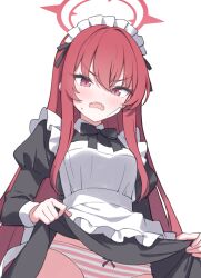  alternate_costume apron bandaid bandaid_on_face black_bow black_bowtie black_dress blue_archive blush bow bow_panties bowtie breasts chinese_commentary clothes_lift collared_dress commentary_request contrast_collar dress dress_lift enmaided female frilled_apron frills hair_between_eyes halo highres juliet_sleeves jyt lifting_own_clothes long_hair long_sleeves looking_at_viewer maid maid_apron maid_headdress making-of_available medium_breasts open_mouth panties partial_commentary pink_panties puffy_sleeves rabu_(blue_archive) red_eyes red_hair red_halo sharp_teeth sidelocks simple_background solo striped_clothes striped_panties sweatdrop teeth underwear upper_teeth_only v-shaped_eyebrows very_long_hair wavy_mouth white_apron white_background 