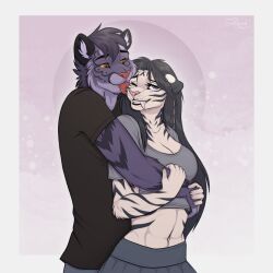  2026 anthro biped bottomwear breasts claws clothed clothed_anthro clothed_female clothed_male clothing digital_drawing_(artwork) digital_media_(artwork) duo felid feline female fingers front_view fully_clothed fully_clothed_anthro fully_clothed_female fully_clothed_male fur hair hi_res male mammal navel rimann simple_background smile standing teeth tongue topwear 