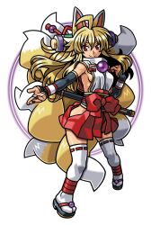  ahoge animal_ears blonde_hair breasts closed_mouth clothing_cutout detached_sleeves female fox_ears fox_tail hair_between_eyes hair_ornament hakama harakawa_mitsuhiro hip_vent izuna_(shinrabanshou) japanese_clothes kimono kitsune kyuubi long_hair multiple_tails nail_polish no_bra official_art red_eyes red_hakama red_nails ribbon-trimmed_thighhighs ribbon_trim sheath shinrabanshou sideboob solo tabi tail thick_eyebrows thighhighs third-party_source transparent_background white_kimono white_thighhighs 
