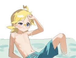  1boy ahoge arm_up blonde_hair blue_eyes clemont_(pokemon) collarbone commentary_request glasses half-closed_eye highres korean_commentary male_focus male_swimwear medium_hair navel pokemon pokemon_xy pokesudal round_eyewear solo swim_trunks topless_male water wet 