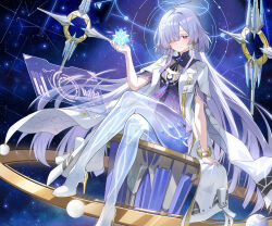  absurdres breasts colored_eyelashes commentary crossed_legs dress earrings female grey_hair hair_ornament hair_over_one_eye halo hand_up high_heels highres jacket jewelry kookie long_hair looking_at_viewer mornye_(wuthering_waves) purple_dress red_eyes see-through_body sitting sky small_breasts smile solo space star_(sky) starry_sky tacet_mark_(wuthering_waves) triangle_earrings very_long_hair white_jacket wuthering_waves 