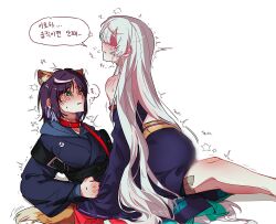 2girls animal_ears bare_shoulders blush buyu_0421 cho_kaguya-hime! commentary_request cowgirl_position fox_ears green_eyes hair_down hair_over_eyes highres hood hoodie japanese_clothes kimono korean_commentary long_hair long_sleeves lying multiple_girls parted_lips purple_hair runami_yachiyo sakayori_iroha short_hair simple_background straddling thigh_straddling translation_request trembling white_background yuri 