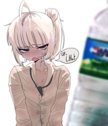  absurdres ahoge black_eyes black_necktie bottle commentary_request female half-closed_eyes highres hot korean_commentary korean_text long_sleeves looking_at_viewer loose_necktie multicolored_hair necktie nightcore_(n19htc0r333) open_mouth original ponytail roots_(hair) see-through_clothes see-through_shirt shirt short_hair simple_background solo speech_bubble sweat translation_request upper_body water_bottle wet wet_clothes wet_shirt white_background white_hair white_shirt wispy_bangs 