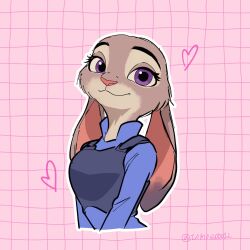  1:1 2026 anthro artist_name bust_portrait clothing disney eyebrows eyelashes female fur grey_body grey_fur heart_symbol hi_res judy_hopps lagomorph leporid long_ears looking_at_viewer mammal pink_nose portrait purple_eyes rabbit shirt smile solo text tomoe00022 topwear twitter_handle vest zootopia 