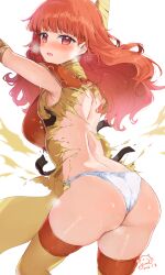  armor armpits arms_up ass bare_back blush boots breastplate breasts breath celica_(fire_emblem) celica_(warrior_princess)_(fire_emblem) commentary_request cowboy_shot embarrassed female fire_emblem fire_emblem_gaiden fire_emblem_heroes from_behind heavy_breathing highres humiliation long_hair looking_at_viewer looking_back medium_breasts official_alternate_costume open_mouth orange_eyes orange_hair panties pelvic_curtain red_eyes shoulder_armor simple_background skindentation solo sweat thick_thighs thigh_boots thighs torn_clothes underwear white_background white_panties yuuri_(orz_commushows) 