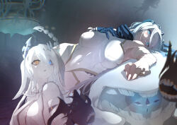  2girls absurdres animal_ears bandaged_arm bandages bare_shoulders blue_eyes bodysuit breasts chaos_zero_nightmare commentary_request gaya_(chaos_zero_nightmare) heterochromia highres horns large_breasts long_hair monster multiple_girls narja_(chaos_zero_nightmare) open_mouth pale_skin sideboob skin_tight sleeveless sleeveless_bodysuit teeth user_jcth2474 white_bodysuit white_hair yellow_eyes 