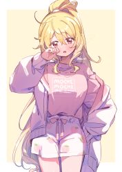  blonde_hair blush cardigan clothes_writing commentary_request cowboy_shot dot_nose female food_print fruit_print hair_between_eyes hand_up highres long_hair long_sleeves looking_at_viewer magia_record:_mahou_shoujo_madoka_magica_gaiden mahou_shoujo_madoka_magica open_cardigan open_clothes open_mouth peach_print pink_shirt ponytail print_shorts purple_cardigan red_eyes serizawa_serizane shirt shorts simple_background solo togame_momoko twitter_username white_shorts yellow_background 