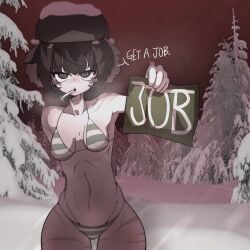  absurdres arm_behind_back bikini black_eyes black_hair black_hat breasts breath cigarette cowboy_shot english_text female fur-trimmed_headwear fur_trim green_bikini hat highres holding holding_sign looking_at_viewer mouth_hold multiple_scars navel nightcore_(n19htc0r333) open_mouth original red_sky ringed_eyes scar scar_on_leg scar_on_shoulder short_hair sign sky small_breasts smoking snow snow_on_tree solo stomach striped_bikini striped_clothes swimsuit talking tree ushanka winter 