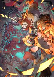  2024 3_heads 5_fingers abs absurd_res accessory action_pose ambiguous_gender animated_skeleton anthro arm_tuft battle beaded_jewelry beaded_necklace beads beard black_bottomwear black_claws black_clothing black_fingerless_gloves black_gloves black_handwear black_jacket black_topwear blue_body blue_claws blue_mouth bone bottomwear brown_beard brown_facial_hair bruised bruised_face bruised_leg building building_destruction chiayeeee city claws clenched_teeth clothed clothed_anthro clothed_male clothing countershade_arms countershade_face countershade_fur countershading damaged_clothing destruction digital_drawing_(artwork) digital_media_(artwork) duo east_asian_architecture elbow_tuft elemental_manipulation english_text eye_markings facial_hair fangs felid feral finger_claws fingerless_gloves fingerpads fingers fire fire_manipulation fur furrowed_brow glint gloves glowing glowing_mouth grey_markings grey_stripes gums hair handwear headband hi_res jacket jewelry looking_at_another macro male mammal markings midair monster multi_head necklace night open_clothing open_jacket open_topwear orange_body orange_fur outside pantherine pawpads pink_pawpads pose purple_body red_eyes red_hair red_headband red_tuft signature skeleton skull sleeveless_jacket striped_arms striped_markings striped_tail stripes tail tail_markings tail_tuft talisman tan_body tan_countershading teeth text tiger topwear torn_bottomwear torn_clothing tuft undead white_sclera white_wraps wintercat_(dainekokaito) wraps wrist_wraps 